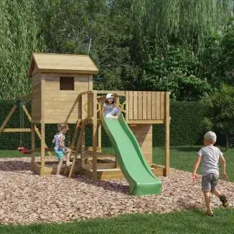 Maisonnette en bois Fungoo Pluto avec toboggan, deux balançoires, table de pique-nique, structure d'escalade et bac à sable