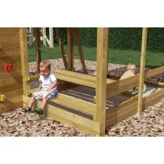 Maisonnette en bois Fungoo Pluto avec toboggan, deux balançoires, table de pique-nique, structure d'escalade et bac à sable