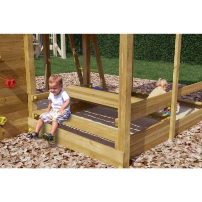 Maisonnette en bois Fungoo Pluto avec toboggan, deux balançoires, table de pique-nique, structure d'escalade et bac à sable