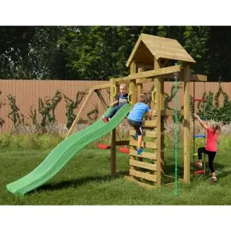 Aire de jeux en bois Fungoo Mixter avec toboggan, balançoire double et structure d'escalade