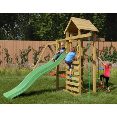 Aire de jeux en bois Fungoo Mixter avec toboggan, balançoire double et structure d'escalade