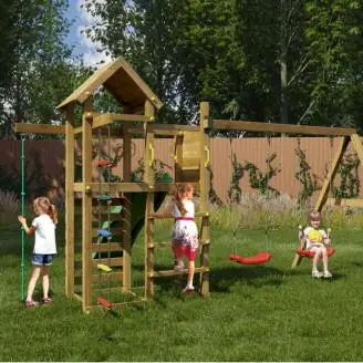 Aire de jeux en bois Fungoo Mixter avec toboggan, balançoire double et structure d'escalade