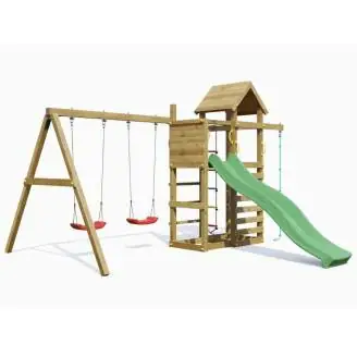 Aire de jeux en bois Fungoo Mixter avec toboggan, balançoire double et structure d'escalade