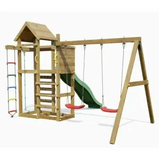 Aire de jeux en bois Fungoo Mixter avec toboggan, balançoire double et structure d'escalade
