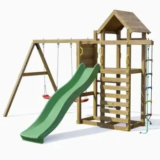 Aire de jeux en bois Fungoo Mixter avec toboggan, balançoire double et structure d'escalade