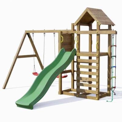 Aire de jeux en bois Fungoo Mixter avec toboggan, balançoire double et structure d'escalade