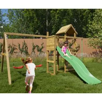 Aire de jeux en bois Fungoo Mixter avec toboggan, balançoire double et structure d'escalade