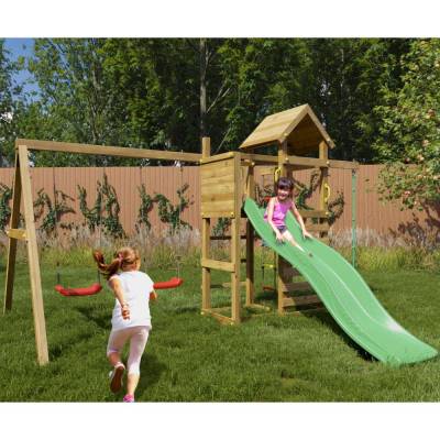 Aire de jeux en bois Fungoo Mixter avec toboggan, balançoire double et structure d'escalade