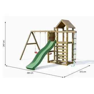 Aire de jeux en bois Fungoo Mixter avec toboggan, balançoire double et structure d'escalade