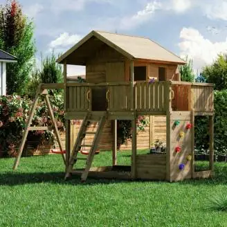 Fungoo Galaxy Sunshine Maisonnette de jardin double en bois pour enfants avec balançoires et escalade