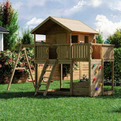 Fungoo Galaxy Sunshine Maisonnette de jardin double en bois pour enfants avec balançoires et escalade