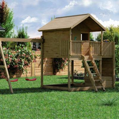 Fungoo Galaxy Sunshine Maisonnette de jardin double en bois pour enfants avec balançoires et escalade