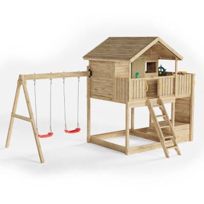 Fungoo Galaxy Sunshine Maisonnette de jardin double en bois pour enfants avec balançoires et escalade