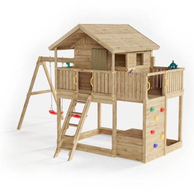 Fungoo Galaxy Sunshine Maisonnette de jardin double en bois pour enfants avec balançoires et escalade