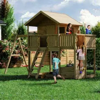 Fungoo Galaxy Sunshine Maisonnette de jardin double en bois pour enfants avec balançoires et escalade