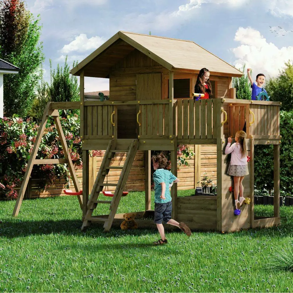 Fungoo Galaxy Sunshine Maisonnette de jardin double en bois pour enfants avec balançoires et escalade