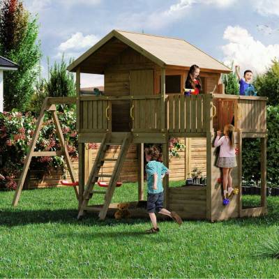 Fungoo Galaxy Sunshine Maisonnette de jardin double en bois pour enfants avec balançoires et escalade