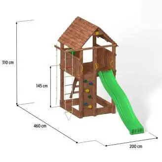 Aire de jeux en bois Fungoo FORTRESS avec toboggan, structure d'escalade et bac à sable
