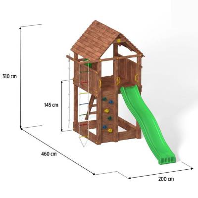 Aire de jeux en bois Fungoo FORTRESS avec toboggan, structure d'escalade et bac à sable