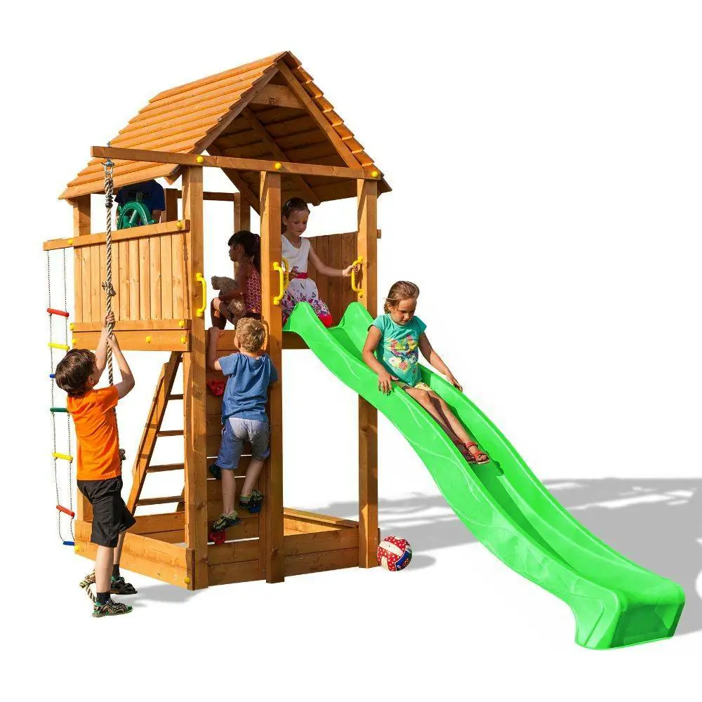 Aire de jeux en bois Fungoo FORTRESS avec toboggan, structure d'escalade et bac à sable