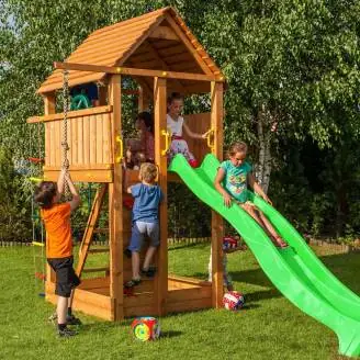Aire de jeux en bois Fungoo FORTRESS avec toboggan, structure d'escalade et bac à sable