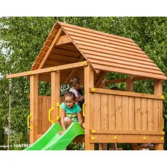 Aire de jeux en bois Fungoo FORTRESS avec toboggan, structure d'escalade et bac à sable