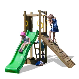 Aire de jeux en bois Funny 3 avec escalade, bac à sable et toboggan