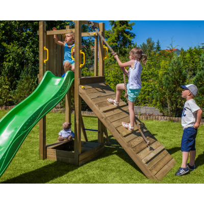 Aire de jeux en bois Funny 3 avec escalade, bac à sable et toboggan