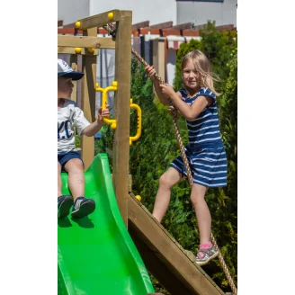 Aire de jeux en bois Funny 3 avec escalade, bac à sable et toboggan