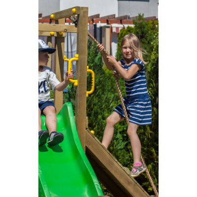 Aire de jeux en bois Funny 3 avec escalade, bac à sable et toboggan