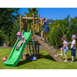 Aire de jeux en bois Funny 3 avec escalade, bac à sable et toboggan