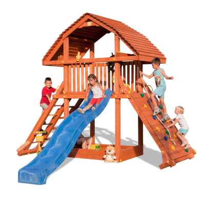 Maisonnette géante en teck Fungoo avec toboggan, structure d'escalade et bac à sable