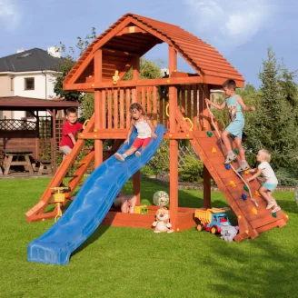 Maisonnette géante en teck Fungoo avec toboggan, structure d'escalade et bac à sable