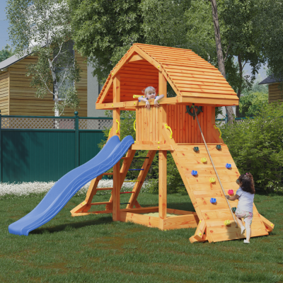 Maisonnette géante en teck Fungoo avec toboggan, structure d'escalade et bac à sable
