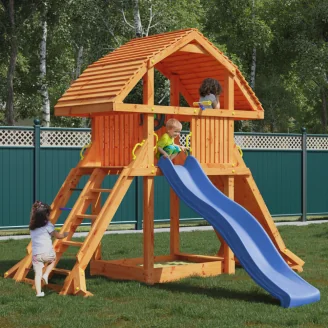 Maisonnette géante en teck Fungoo avec toboggan, structure d'escalade et bac à sable
