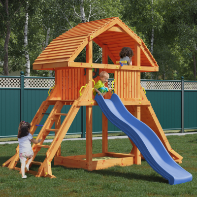 Maisonnette géante en teck Fungoo avec toboggan, structure d'escalade et bac à sable