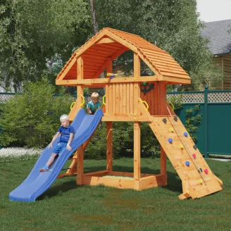 Maisonnette géante en teck Fungoo avec toboggan, structure d'escalade et bac à sable