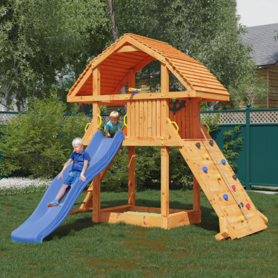 Maisonnette géante en teck Fungoo avec toboggan, structure d'escalade et bac à sable