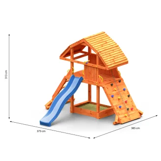 Maisonnette géante en teck Fungoo avec toboggan, structure d'escalade et bac à sable