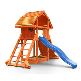 Maisonnette géante en teck Fungoo avec toboggan, structure d'escalade et bac à sable