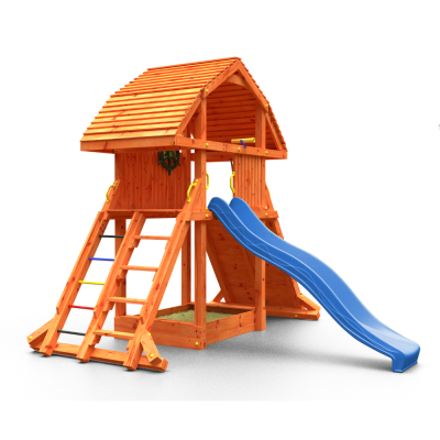 Maisonnette géante en teck Fungoo avec toboggan, structure d'escalade et bac à sable
