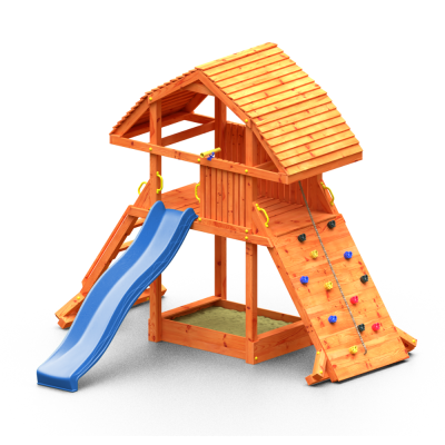 Maisonnette géante en teck Fungoo avec toboggan, structure d'escalade et bac à sable