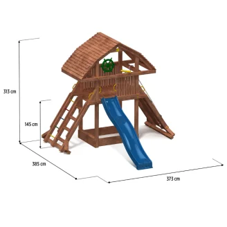 Maisonnette géante en teck Fungoo avec toboggan, structure d'escalade et bac à sable