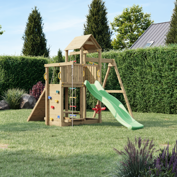 Fungoo ACTIVE KDI Maison en bois avec toboggan, balançoire et échelle