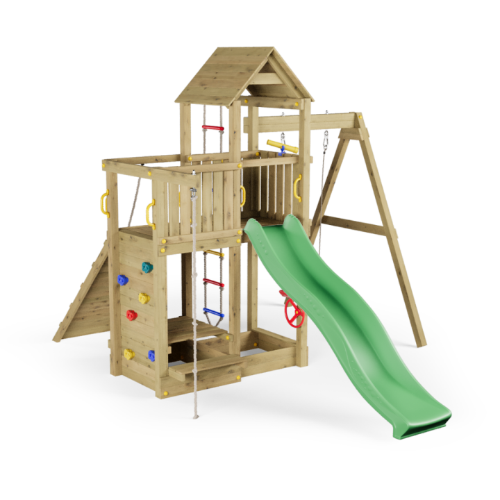 Fungoo ACTIVE KDI Maison en bois avec toboggan, balançoire et échelle