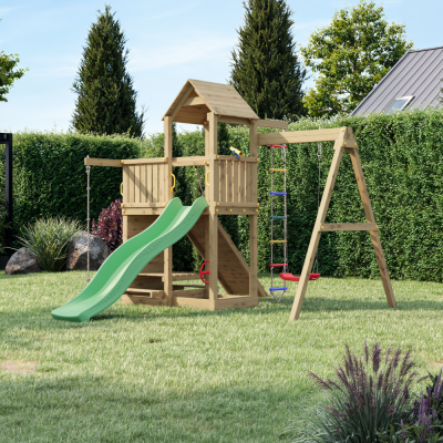Fungoo ACTIVE KDI Maison en bois avec toboggan, balançoire et échelle