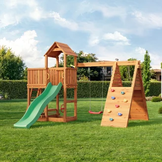 Aire de jeux Fungoo FLUPPI avec bac à sable, structure d'escalade, table de pique-nique, balançoire et toboggan