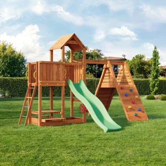 Aire de jeux Fungoo FLUPPI avec bac à sable, structure d'escalade, table de pique-nique, balançoire et toboggan