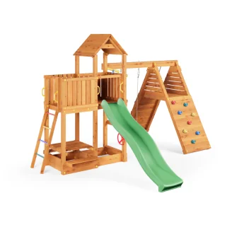 Aire de jeux Fungoo FLUPPI avec bac à sable, structure d'escalade, table de pique-nique, balançoire et toboggan
