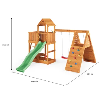 Aire de jeux Fungoo FLUPPI avec bac à sable, structure d'escalade, table de pique-nique, balançoire et toboggan